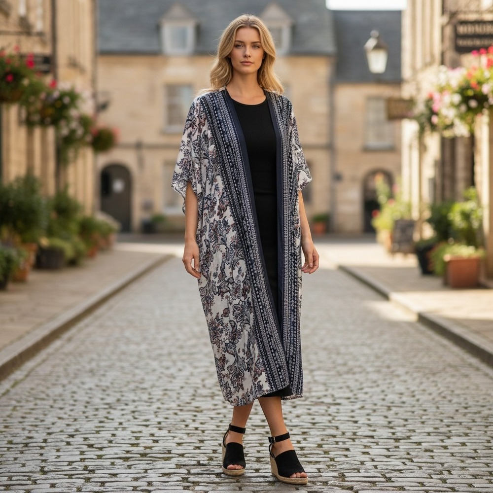 Lane Bryant Maxi Kimono Duster OS Sheer Open Front Cardigan Boho Beach Resort